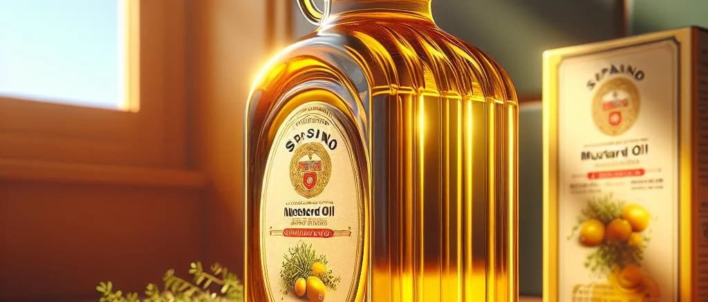 Variety of mustard oil bottles on a wooden table with different label designs and packaging