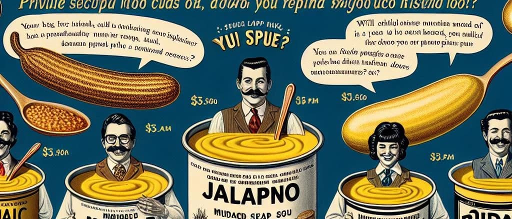 Variety of mustard soups in different packaging with ingredients