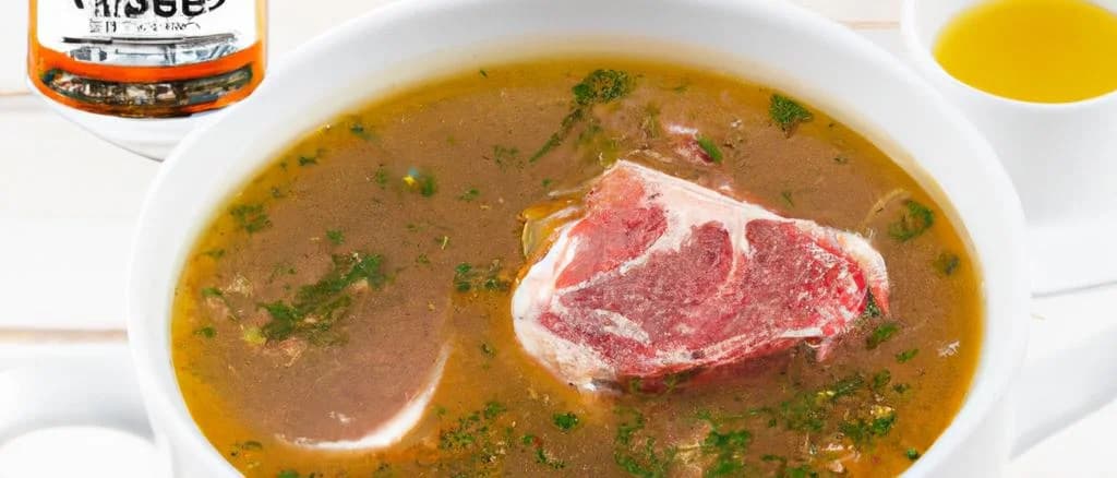 Various packaged mutton broth products on a rustic kitchen countertop