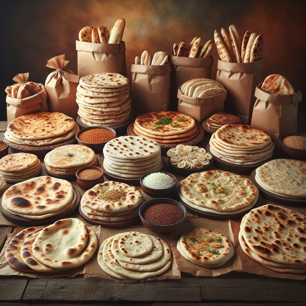 naan bread varieties in different packaging on a wooden surface