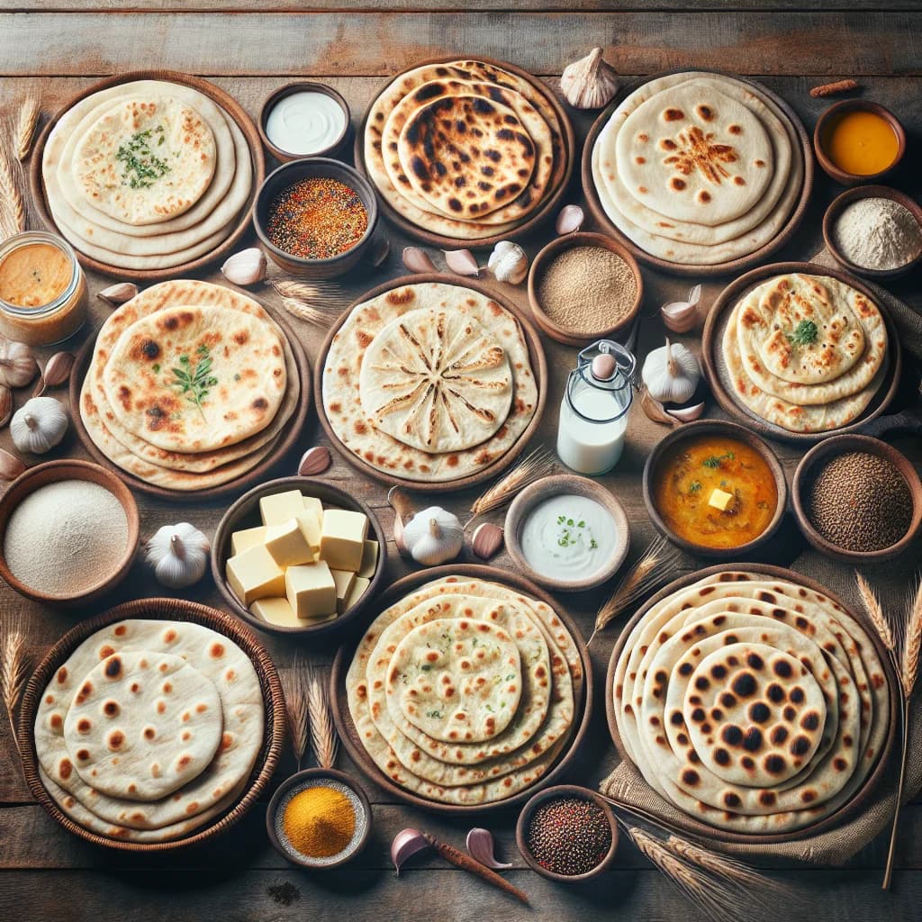 Assorted naan varieties with wholesome packaging on a wooden background