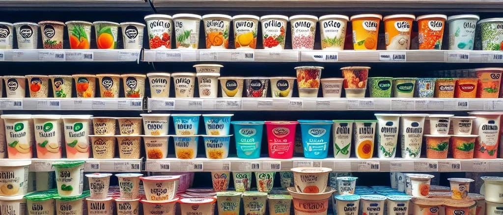 assorted non-dairy yogurt containers with vibrant packaging