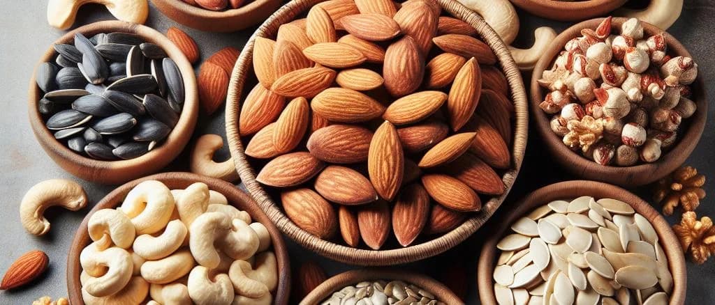 diverse nuts and seeds assorted in various packaging options against a natural background