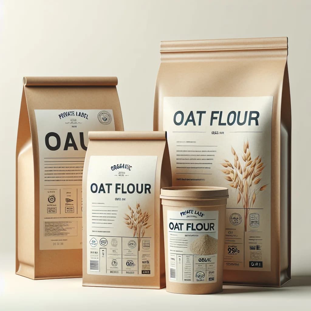 various oat flour products in eco-friendly packaging on a clean, minimal background