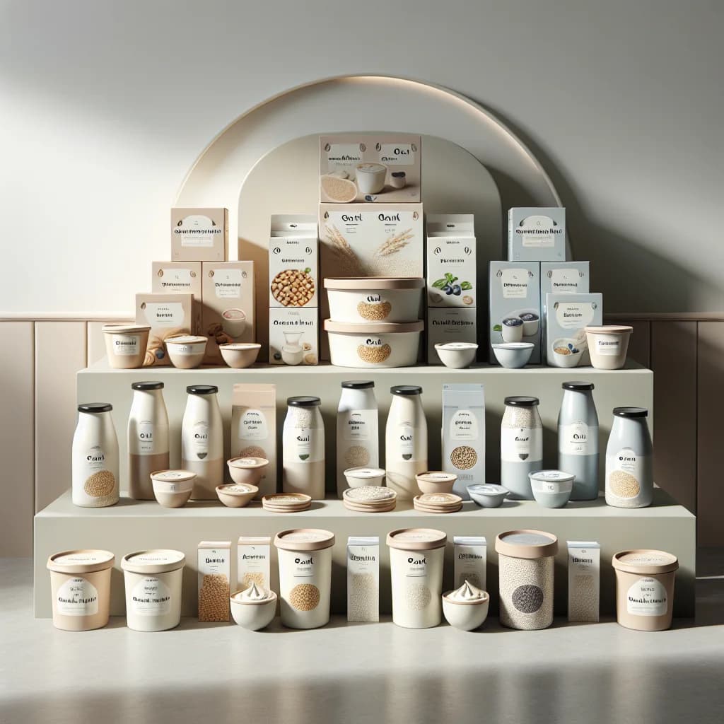 variety of oat milk yogurt packaging in minimalistic and eco-friendly designs