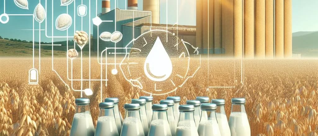 Various oat milk cartons and tetra packs on a wooden table with green leaves in the background