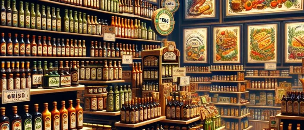 premium organic olive sauces in elegant glass bottles on a rustic wooden table