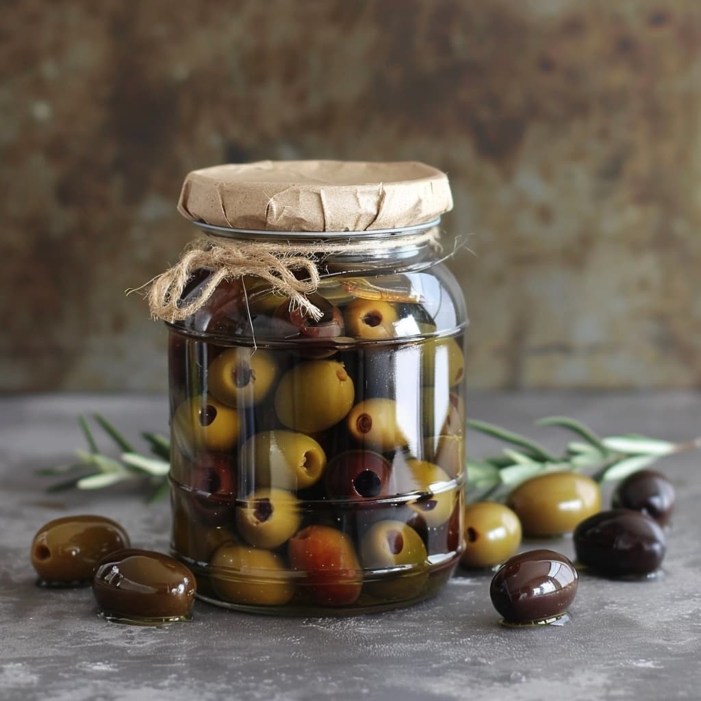 Various types of olives in different packaging against a rustic wooden background
