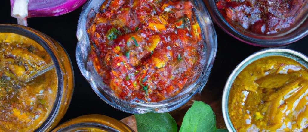 Various onion chutney jars with different packaging styles on a wooden table