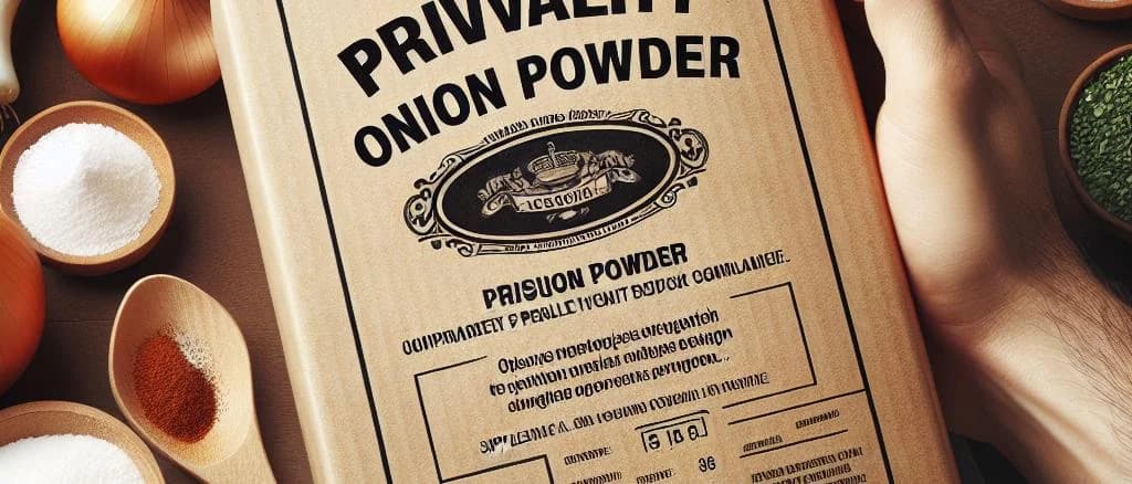 Various onion powder packaging on a kitchen countertop with rustic background