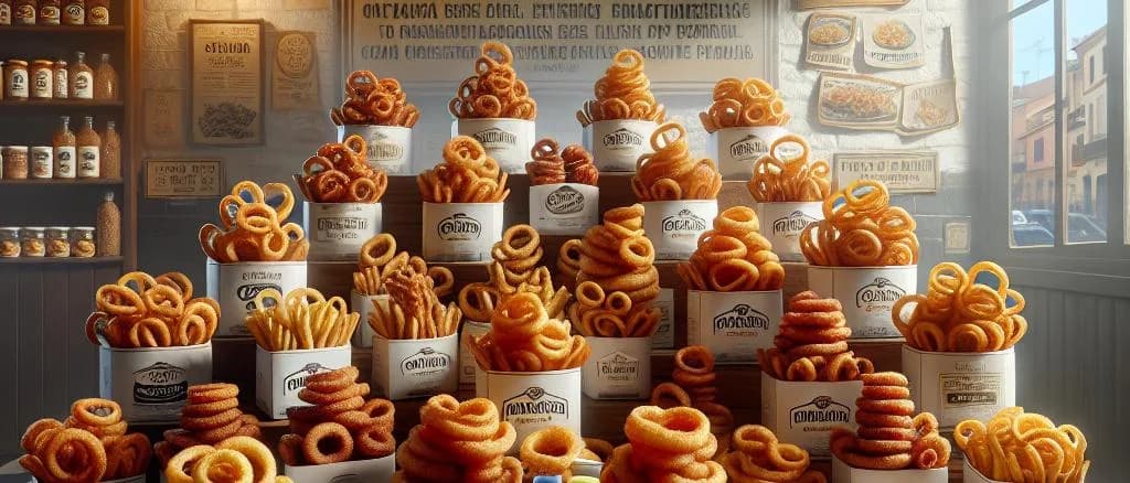 variety of onion rings with different packaging on wooden background