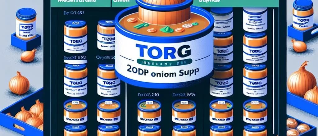 An assortment of gourmet onion soups in elegant packaging, displayed against a rustic kitchen background