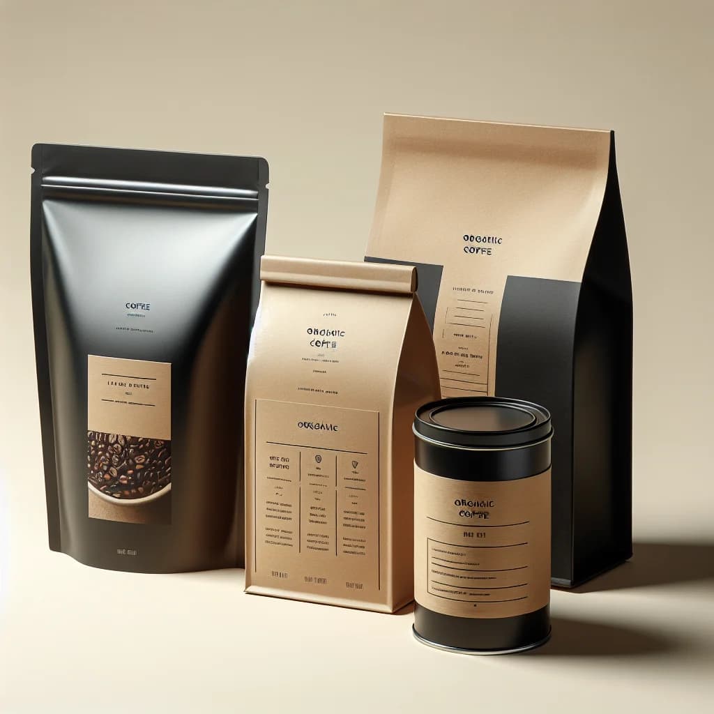 variety of organic coffee product packaging on a clean backdrop