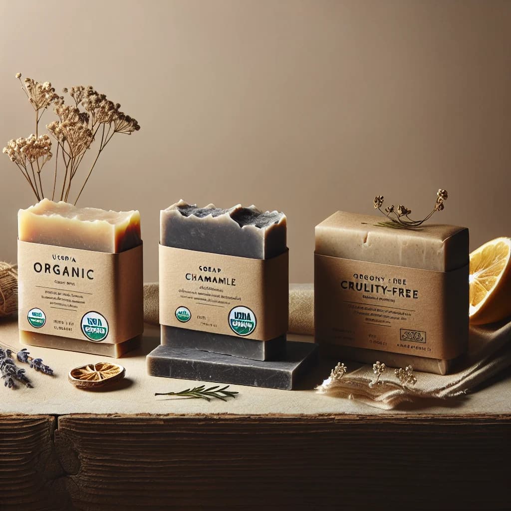 variety of organic soap bars with eco-friendly packaging on a clean, natural background
