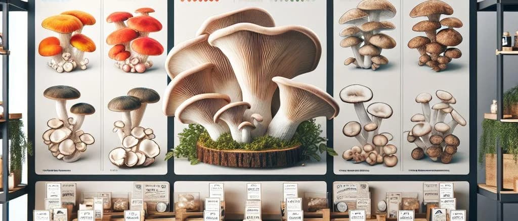 Assorted oyster mushrooms on rustic wooden surface with packaging variations