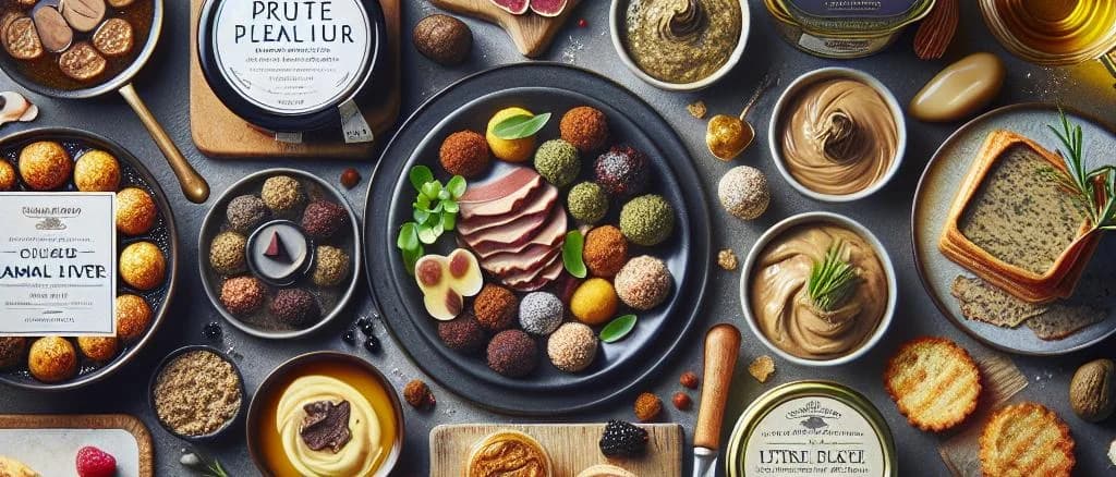 gourmet pâté in various packaging on rustic wooden background