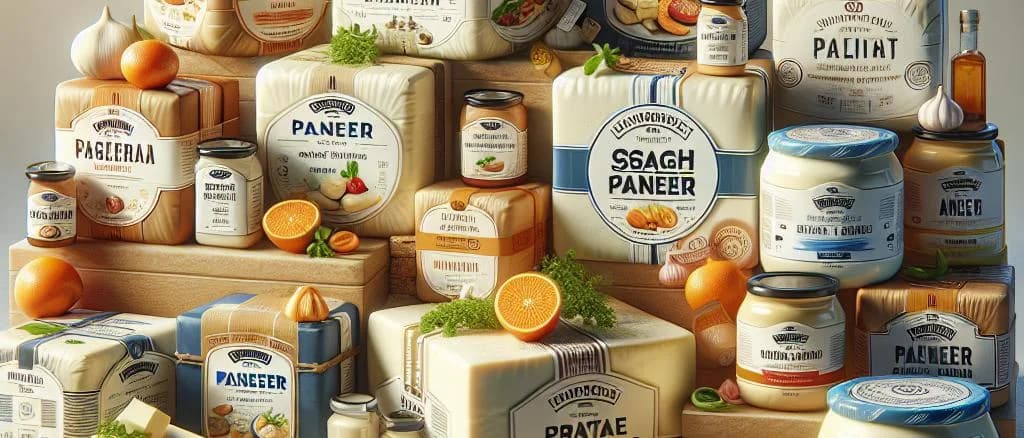 Assorted paneer blocks and cubes in different packaging on a wooden table