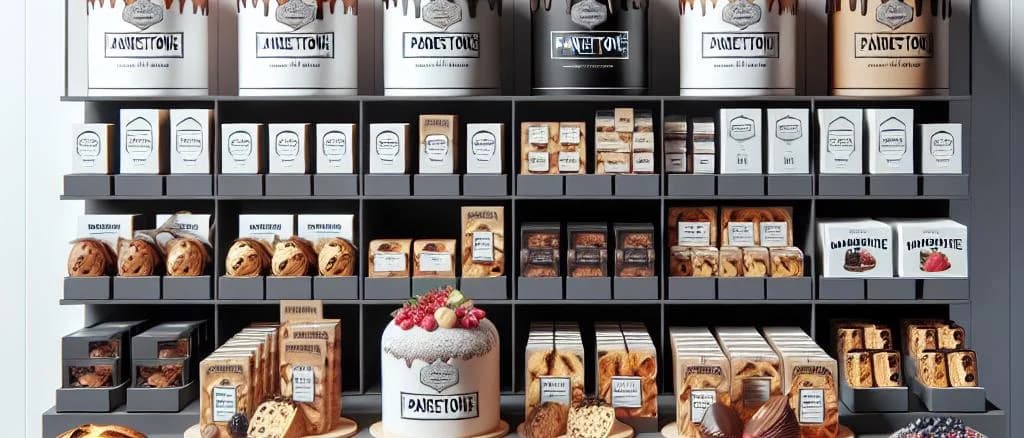 Variety of artisanal Panettone on wooden shelves with festive packaging
