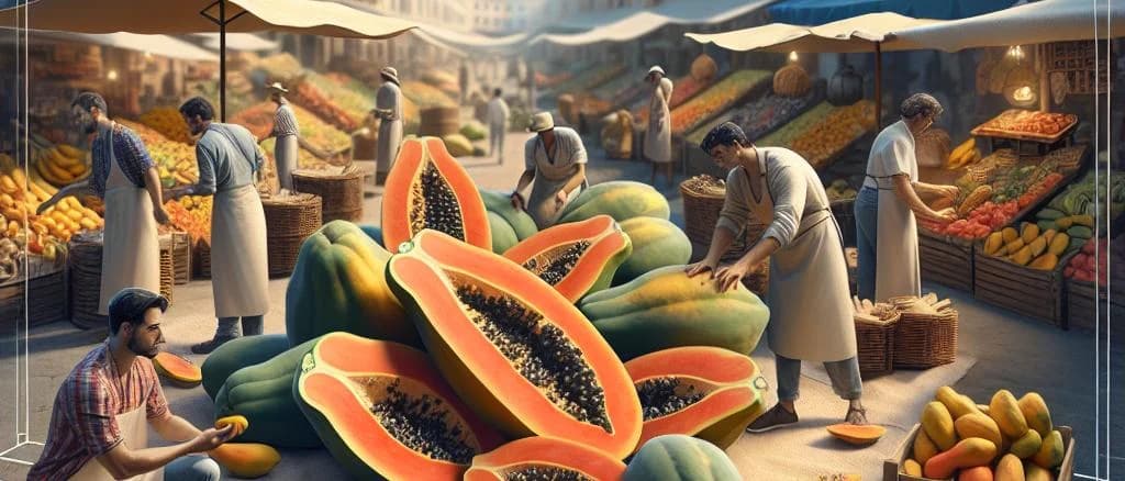 Assorted papayas with various packaging options on a vibrant background