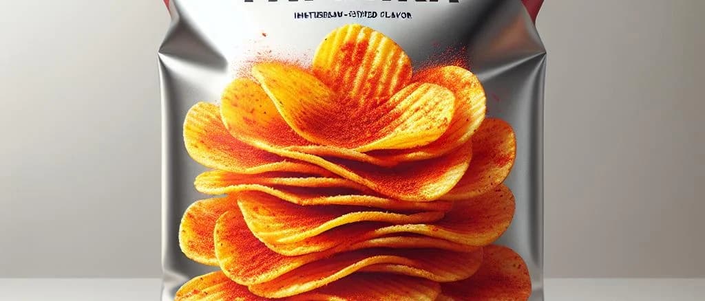 Assorted paprika crisps on various backgrounds showcasing packaging design