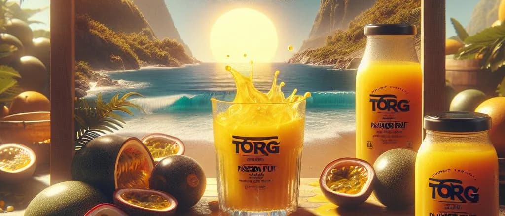 Variation of packaged passion fruit products with tropical background