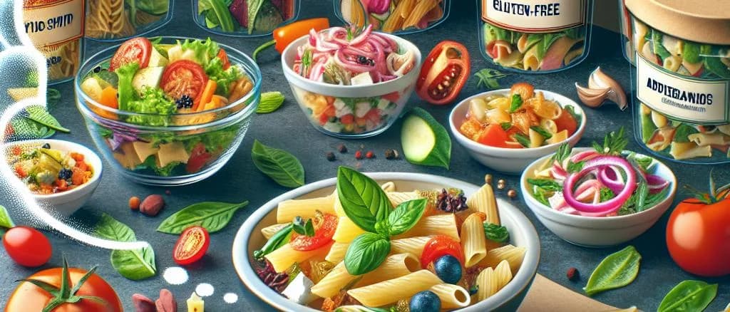 Vibrant pasta salad assortments with diverse packaging