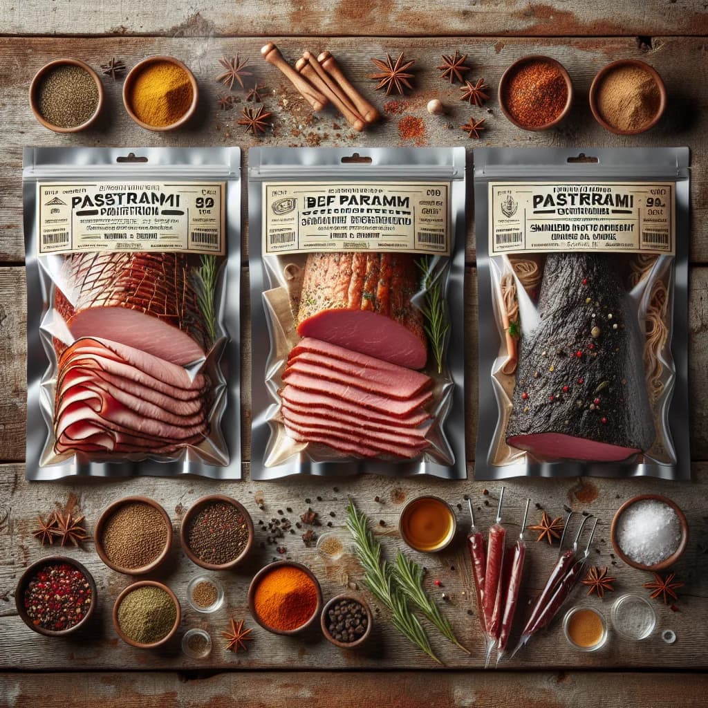 premium pastrami slices in vacuum-sealed packaging displayed on a wooden board with various seasoning options