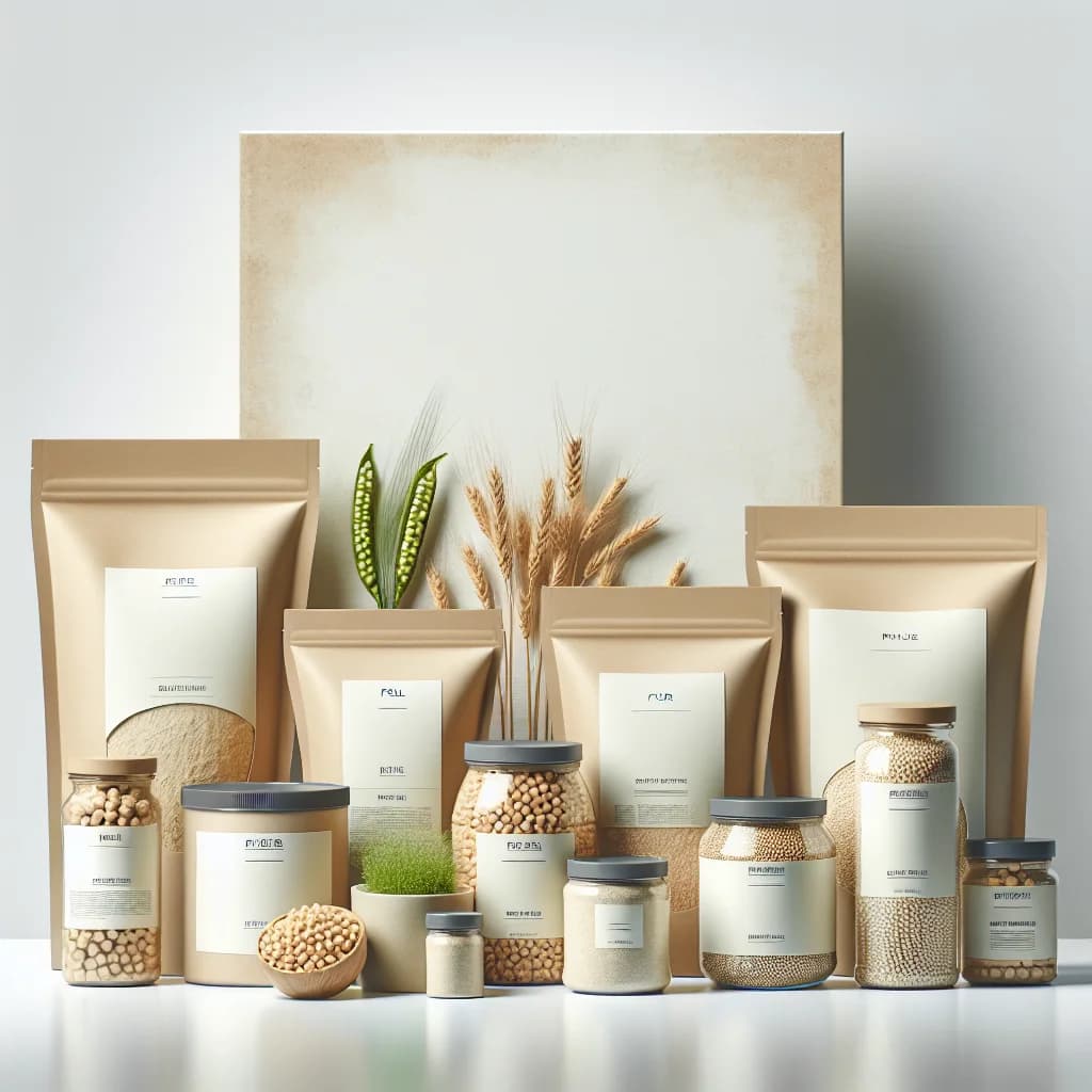 varieties of pea flour packaging on a clean white background with a professional layout