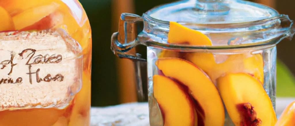 Three variations of peach compotes in jars on a rustic wooden background.