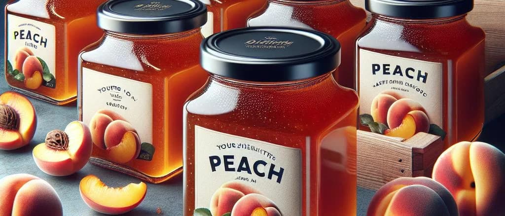 Various peach jam jars with diverse packaging on a rustic wooden table
