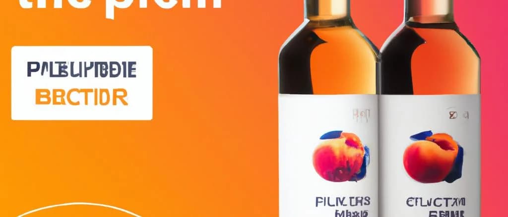 Assorted peach nectar bottles against a colorful fruit background