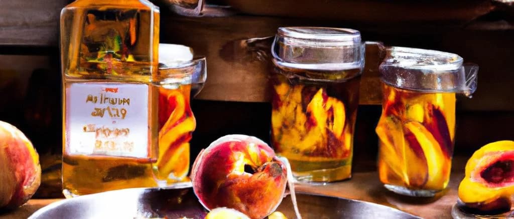 variety of peach syrup bottles with different packaging on a minimalistic background