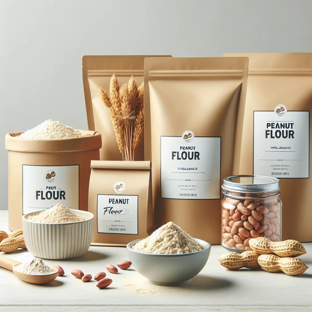 various types of peanut flour packaging displayed on a clean background, showcasing wholesale and bulk options for B2B sourcing