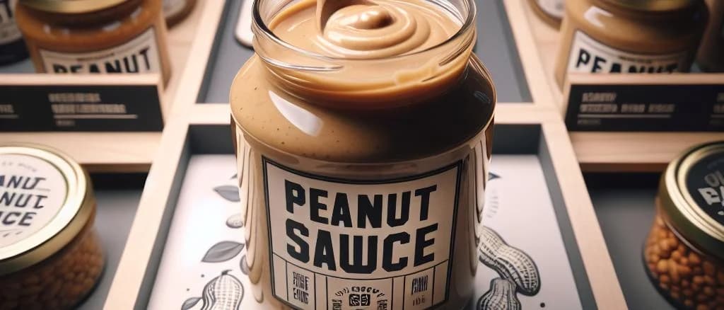 Various peanut sauce packaging on wooden table showing creamy, spicy, and sweet variations