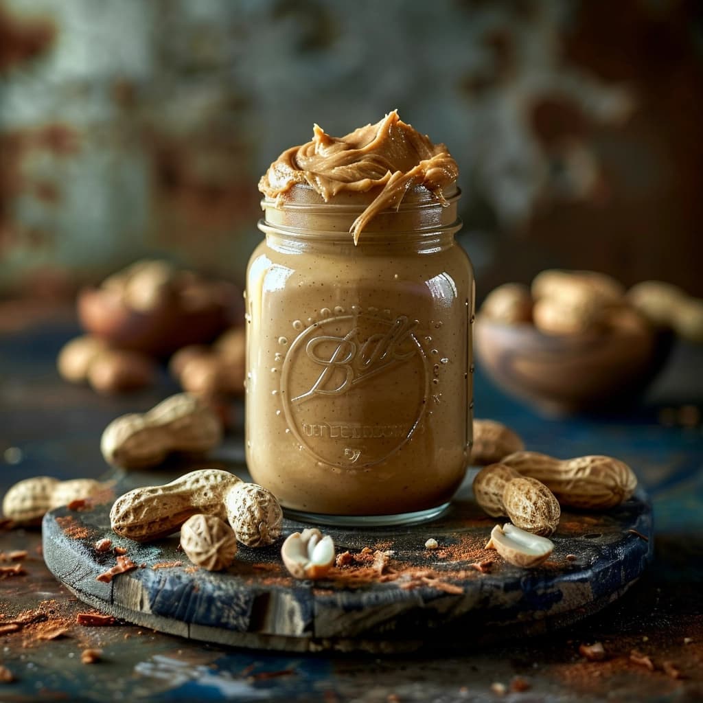 Assorted jars of peanut butter with different packaging varieties on a neutral background