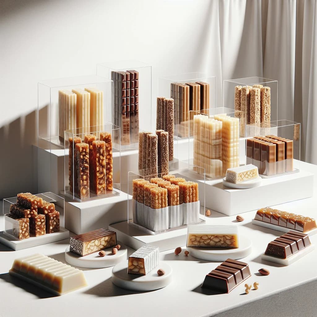 peanuts turrón in assorted packaging with a clean background