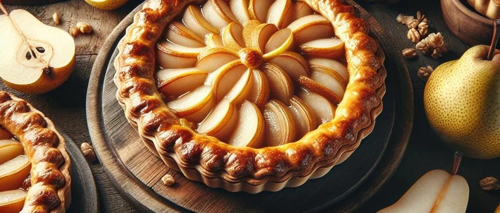 Assortment of various pear pies with different crust styles on a rustic wooden table