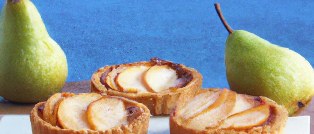assorted pear tartlets in various packaging on a wooden table