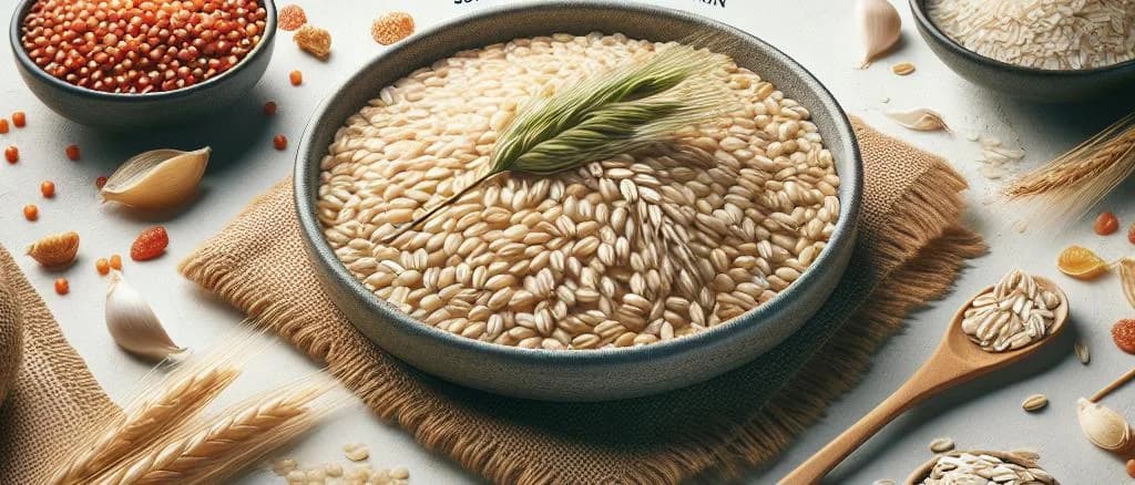 bulk pearled barley in various packaging on a neutral background