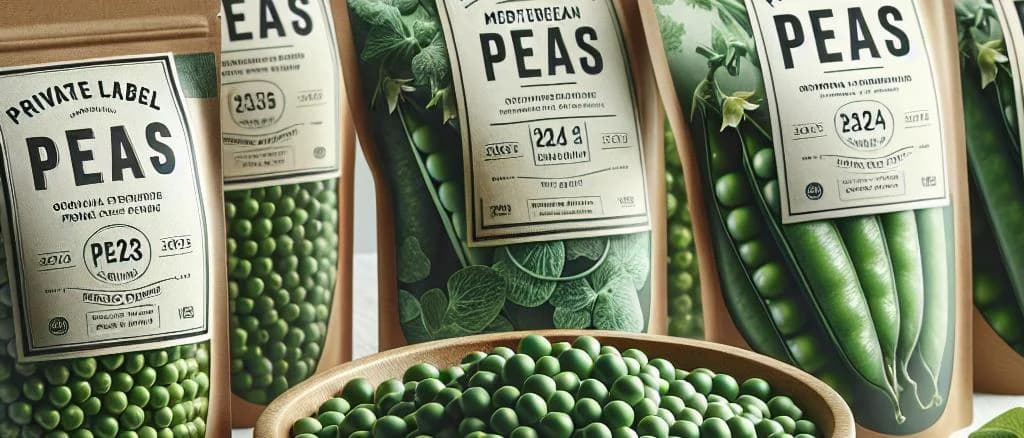 Various types of peas in different packaging on a wooden table, showcasing bulk and retail options.