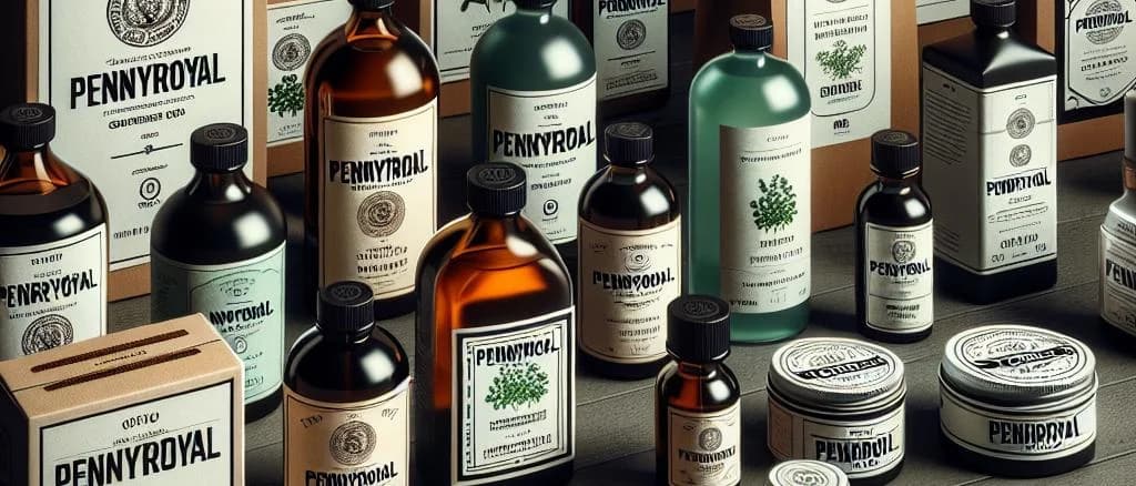 Various Pennyroyal products on wooden table with minimalistic background
