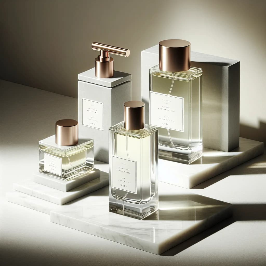 assorted perfume oil bottles with minimalist packaging on a clean, modern background