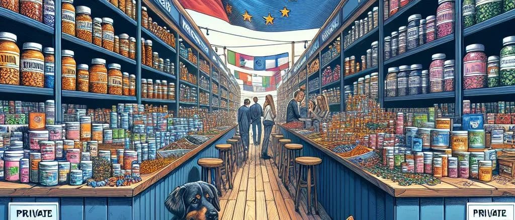 Two variations of pet supplement packaging with a natural background