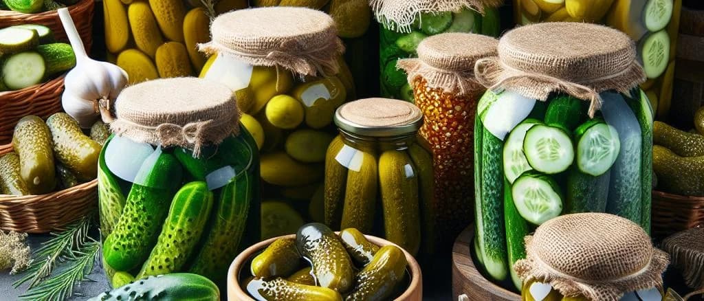 Assorted jars of pickled cucumbers on wooden shelves, showcasing variety in size and packaging