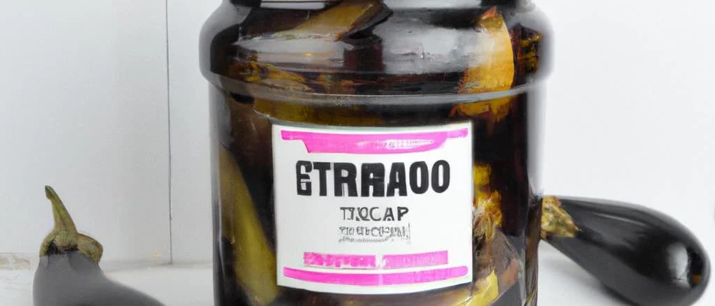 assorted pickled eggplants in various packaging on a rustic wooden table