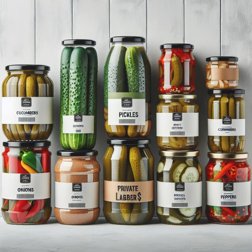 variety of pickled products in jars, including cucumbers, peppers, and onions, shown with different package designs for wholesale and private label options on a clean, neutral background