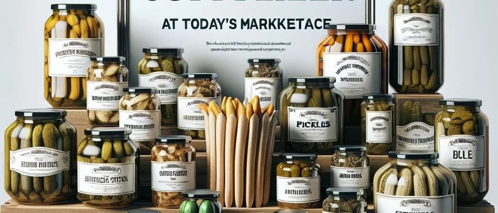 Assorted pickle jars with various packaging on a wooden shelf