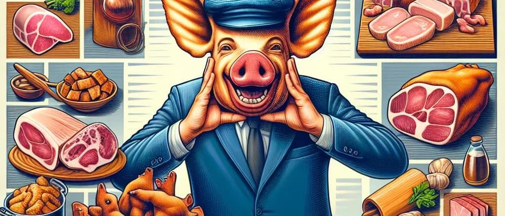 Assorted pig heads on display with varying packaging styles