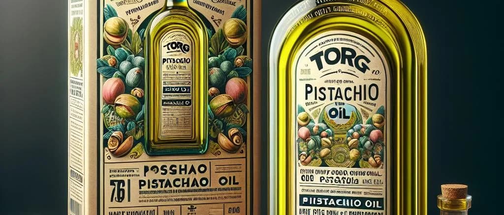 Assorted variations of premium pistachio oil bottles and packaging on a rustic wooden background