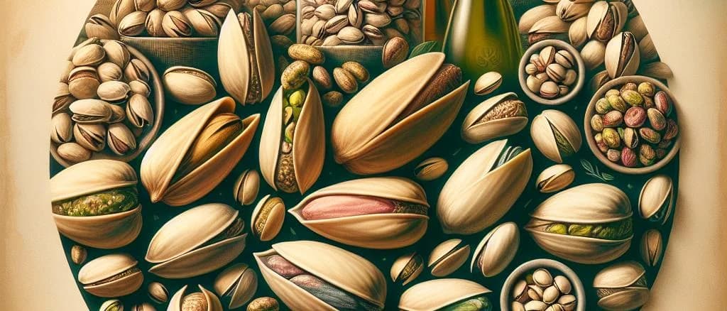 Assorted pistachio types with customizable packaging on a wooden table